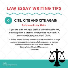 a poster with the words law writing tips 6 cite and cite again reference every claim