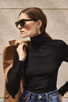 The Turtleneck in Black – Sold Out NYC Turtleneck Street Style, Girl Energy, Comfy Jeans, Fitted Turtleneck, Biker Leather, Red Lip, Winter Outfits For Work, Cashmere Turtleneck, Black Turtleneck