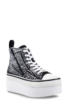 A jewel-encrusted upper lends undeniable glamour to a high-top sneaker lifted by a towering platform sole. 2 1/2" platform Lace-up style Textile upper/leather lining/synthetic sole Imported Jewel Encrusted, Silver Sneakers, Gold Sneakers, High Top Sneaker, Platform Sneaker, Sneakers Blue, Sneakers White, Sneakers Black, Womens Shoes Sneakers