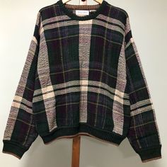 Vintage 90s Great Lakes Recreation Forest Green, Purple, Beige, And Tan Striped Checkered Plaid Tartan Chunky Knit Knitted Pullover Grandpa Sweater. There Are Some Small Snags And A Stain. 60% Acrylic 40% Cotton. Size Xl. Measurements Armpit To Armpit: 25.5” Length: 26” No Trades Grunge Fairy Earthy Earth Tone Whimsygoth Alt Streetwear Academia Skater Streetwear Academia, Alt Streetwear, Grunge Fairy, Grandpa Sweater, Sweaters Crewneck, Great Lakes, Vintage Sweaters, Knitted Pullover, Chunky Knit