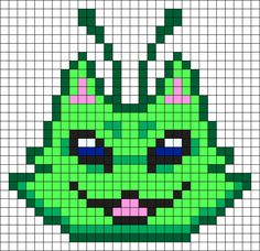 an image of a pixellated green creature with big eyes and horns on it's head