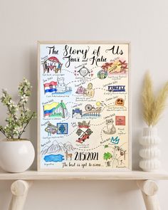 the story of us poster is displayed on a shelf next to a potted plant