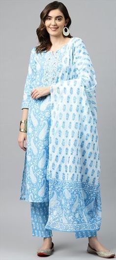 Blue color Salwar Kameez in Cotton fabric with Bugle Beads, Cut Dana, Printed work Blue Churidar With Printed Motifs For Festivals, Blue Cotton Churidar With Printed Motifs, Blue Churidar With Printed Motifs For Wedding, Blue Printed Churidar For Wedding, Blue Cotton Churidar For Wedding, Blue Bandhani Print Churidar With Straight Kurta, Blue Bandhani Print Churidar For Diwali, Party Wear Salwar Kameez, Party Wear Salwar