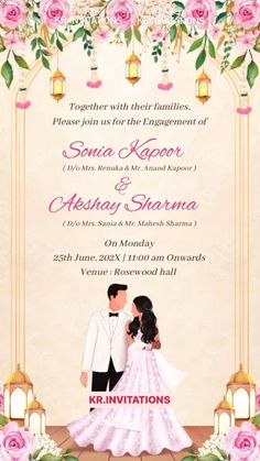 a wedding card with the bride and groom kissing in front of an ornate frame, surrounded by pink roses