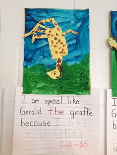 two handmade pictures with words written on them, one is a giraffe and the other is a fish