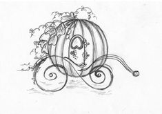 a black and white drawing of a pumpkin carriage