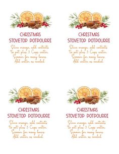 four christmas labels with oranges and holly on the bottom one is for potpouri