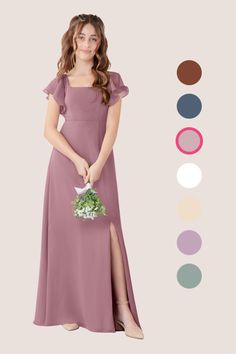 a woman in a long dress holding a bouquet and standing next to color swatches