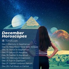 a woman standing in front of a poster with the words december horoscopes