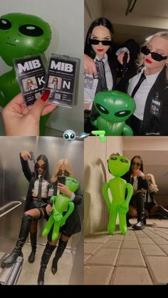 two women dressed in alien costumes and one is holding an mp3 player while the other holds a doll