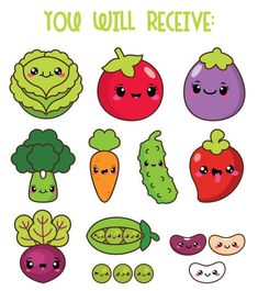 an assortment of vegetables with the words you will receive written on them in green and purple