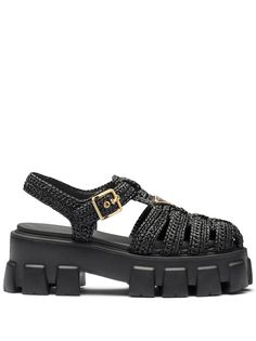 Prada Monolith Raffia Platform Sandals - Farfetch School Aesthetics, Prada Sneakers, Raffia Sandals, Roman Sandals, Ankle Strap Block Heel, Caged Sandals, Jelly Sandals, Triangle Logo, Van Cleef Arpels