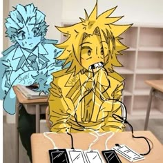 two anime characters sitting at desks with wires attached to them