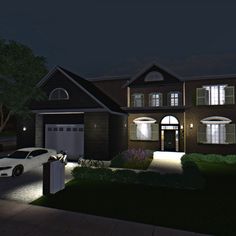 a car parked in front of a large house at night with lights on the windows