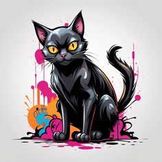 a black cat with yellow eyes sitting on the ground in front of paint splatters