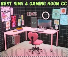 a computer desk with a pink chair in front of it and the words best sims 4 gaming room cc