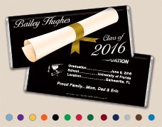 two black and white graduation candy bars with gold ribbon on them, one is for the class of 2016