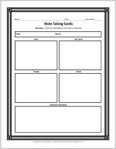 a blank note taking card is shown in black and white, with the words notes taking cards