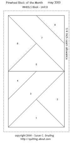 the finished quilt block is shown with numbers and lines to be used for each piece