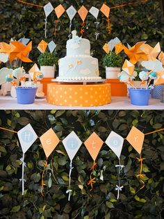 a table topped with a cake and cupcakes