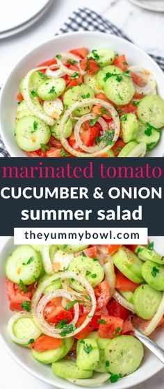 a white bowl filled with cucumber and onion salad on top of a table