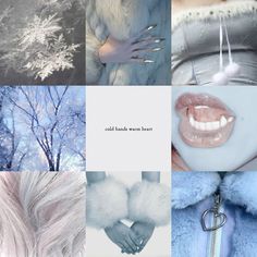 a collage of photos with trees, snow and woman's hands in furs