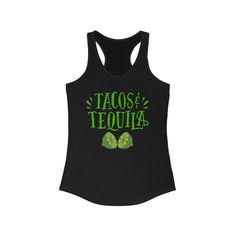 A high-quality print of this slim fit tank-top will turn heads. The Tacos and Tequila tank is a stylish and playful garment that celebrates the beloved culinary combination of tacos and tequila. This tank top  is not only a fashion statement but also a reflection of a vibrant and festive lifestyle. Wearing a Tacos and Tequila tank is a way to express your love for Mexican cuisine, showcase your penchant for the fiesta spirit, or simply add a touch of humor to your outfit. It's a playful conversation starter that can spark camaraderie and laughter among fellow taco and tequila enthusiasts. Wearing a Tacos and Tequila tank is not just about the fashion statement--it's about embracing a zest for life, indulging in the pleasures of good food and drink, and celebrating the spirit of togethernes Tacos And Tequila Festival Outfit, Tequila Festival Outfit, Fitted Racerback T-shirt For Summer, Fitted Fun Tank Top, Fun Cinco De Mayo Tops With Funny Print, Fun Tops With Funny Print For Cinco De Mayo, Fun Cinco De Mayo Funny Print Tops, Tequila Festival, Tacos And Tequila