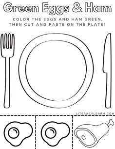 Printable black and white worksheet with a large plate and eggs and ham to color, then cut and paste onto the plate. Free Green Eggs And Ham Printable, Green Egg And Ham Activities, Dr Suess Green Eggs And Ham Printables, Green Eggs And Ham Preschool Craft, Green Eggs And Ham Activities Preschool Crafts, Green Eggs And Ham Coloring Page, Dr Seuss Crafts Green Eggs And Ham, Green Eggs And Ham Activities Kindergarten, Green Egg And Ham Craft