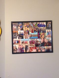 a clock is hanging on the wall next to a photo collage with people's faces