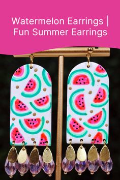 watermelon earrings on a rack with text overlay that reads, watermelon earrings fun summer earrings