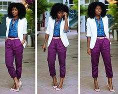 Stylepantry Purple Pants Outfit, Neon Prom Dresses, Pants Outfit Ideas, Peg Pants, Style Pantry, Purple Jeans, Purple Pants, White Blazer, Purple Fashion