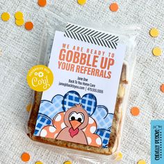 a package of cookies with an image of a turkey on the front, and we're ready to gobble up your refer