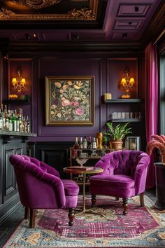 a living room filled with purple furniture next to a painting on the wall above a bar