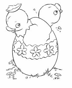 a black and white drawing of an easter egg with a chickling on it's back