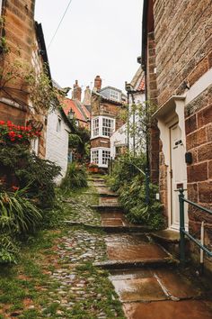 an alley way with brick buildings and flowers growing on the side of each building,