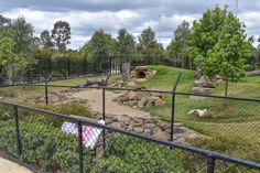 a fenced in area with rocks and trees on the other side, including an animal enclosure