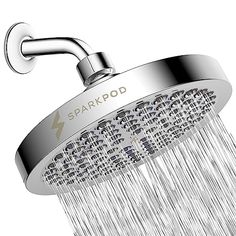 a shower head with water running down it's side and the words sparpod on