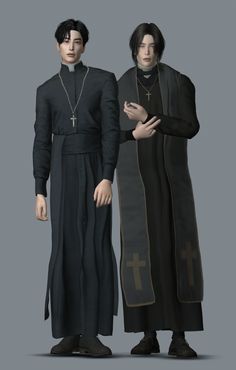 two people standing next to each other in front of a gray background, one wearing a priest's outfit