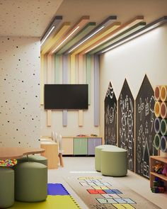 a child's playroom with chalkboard walls and colorful rugs