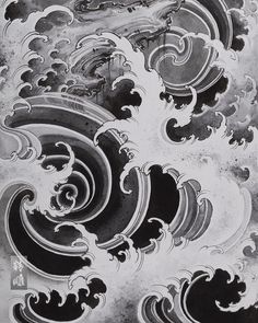 black and white drawing of an ocean wave with clouds in the sky by artist mark taylor