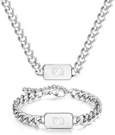 PRICES MAY VARY. 【Silver Initials S】 this acronym jewelry set includes a bracelet and a necklace。【The necklace is 22+2 inches long ， 7 mm wide】. 【The bracelet is 7.8 inches + 2 inches long ，8 mm wide】. The size that suits you can be adjusted at any time, which is very suitable for most wear. 【Unique design】 this Tebieniub bracelet&necklace shows a stylish expressive design that combines chain-link structure, Cuban-style aesthetics and initial alphabet charm, making it different from traditional Silver Initial Necklace, Cuban Style, Style Aesthetics, Alphabet Charm, Name Letters, Stylish Bracelet, Charm Making, Gift For Boyfriend, Cuban Chain