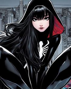 a woman with long black hair and a red hoodie is standing in front of a cityscape