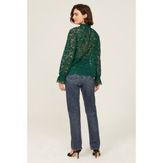 Green lace (68% Nylon, 32% Cotton). Top. Long sleeves. Mock neck. Back button closure. 25" from shoulder to hemline. Imported. Chic Stretch Lace Top For Fall, Elegant Fall Blouse With Scalloped Lace, Elegant Scalloped Lace Blouse For Fall, Fall Lace Top With Lace Trim, Chic Scalloped Lace Top For Fall, Lace Tops With Lace Cuffs For Work, Elegant Lace Tops With Pointelle Knit, Chic Fall Lace Top With Lace Sleeves, Pointelle Knit Lace Top With Long Sleeves