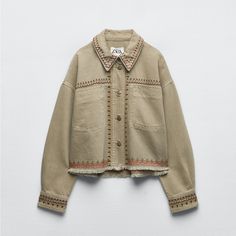 Zara Embroidered Overshirt Size Small Green With Colored Stitching Casual Beige Embroidered Outerwear, Spring Cotton Outerwear With Embroidered Cuffs, Fall Workwear Tops With Embroidery, Embroidered Tops For Workwear In Fall, Embroidered Tops For Fall, Fall Embroidered Tops For Work, Winter Embroidered Button-up Tops, Cotton Outerwear With Geometric Embroidery For Fall, Embroidered Collared Winter Tops