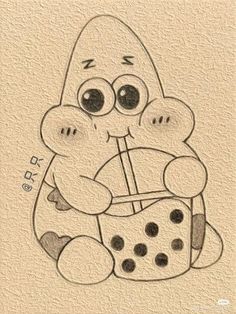 a drawing of a cartoon character holding a piece of pizza