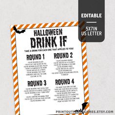 a halloween drink list is shown with an orange and white striped border around the page