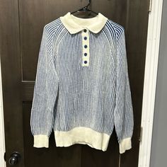 Very Nice Quality Sweater!! Never Worn!! White Collared Sweater With Buttons, White Polo Sweater With Striped Collar For Fall, White Long Sleeve Polo Sweater With Striped Collar, White Retro Sweater With Buttons, Retro White Sweater With Buttons, White Preppy Top With Buttons, Blue Retro Sweater With Button Closure, Womens Casual, Striped Sweater