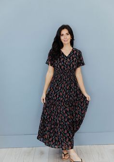 Eden modest maxi dress in black floral – JanieLanie Modest Floral Print Maxi Dress For Vacation, Flowy V-neck Maxi Dress With Elastic Waistband, Bohemian Black Floral Print Maxi Dress, Modest Black Flowy Maxi Dress, Modest Maxi Dress With Elastic Waistband, Bohemian Black Maxi Dress With Floral Print, Black Flowy Maxi Dress Modest Style, Bohemian V-neck Maxi Dress With Elastic Waistband, Modest Black Floral Print Maxi Dress