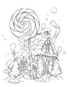 a candy cane is in front of a house with snow on the ground and trees