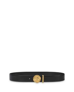 Versace Men's Gold Medusa Buckle Leather Belt Formal Leather Belt Buckle With Logo Hardware, Formal Leather Belt Buckles With Logo Hardware, Black Formal Belts With Logo Hardware, Business Leather Belt With Logo Hardware, Elegant Formal Belts With Logo Hardware, Elegant Formal Belt With Logo Hardware, Leather Belt Buckles With Logo Plaque, Versace Gold, Leather Belts Men